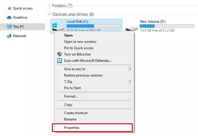 Right-click on the hard drive icon or drive C